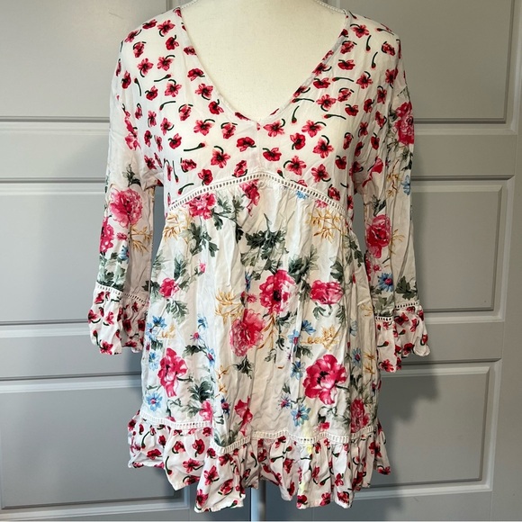 Floral Print White‎ Tunic Top Ruffle Hem V Neck Long Sleeve Bohemian Style Small - Picture 1 of 5